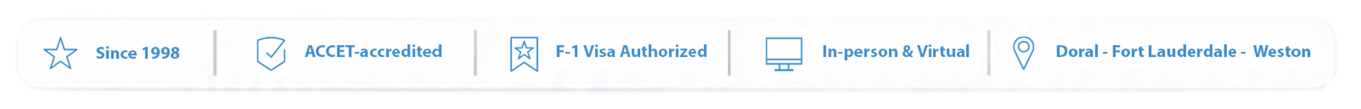 Blue header bar with four small icon-and-text navigation links separated by vertical dividers