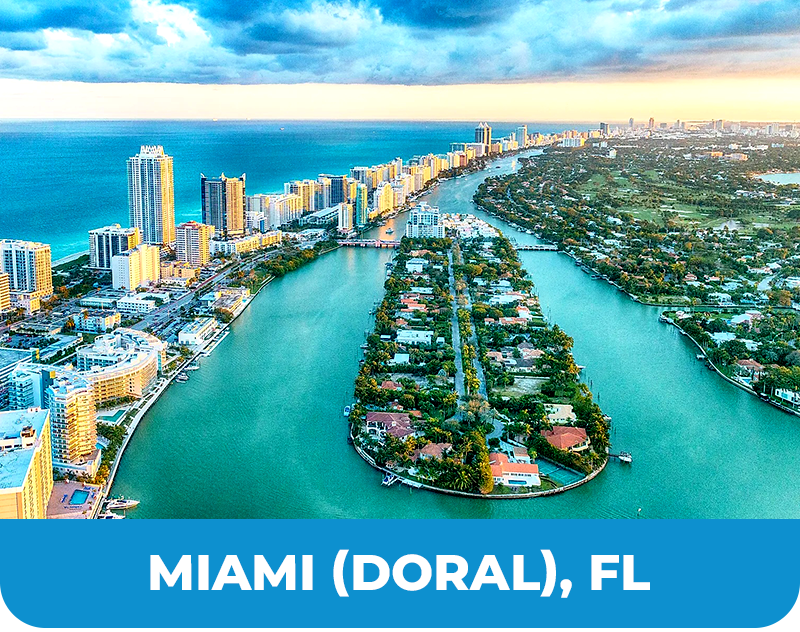 Aerial view of Miami (Doral), FL with turquoise waterways and high-rise buildings under a bright sky