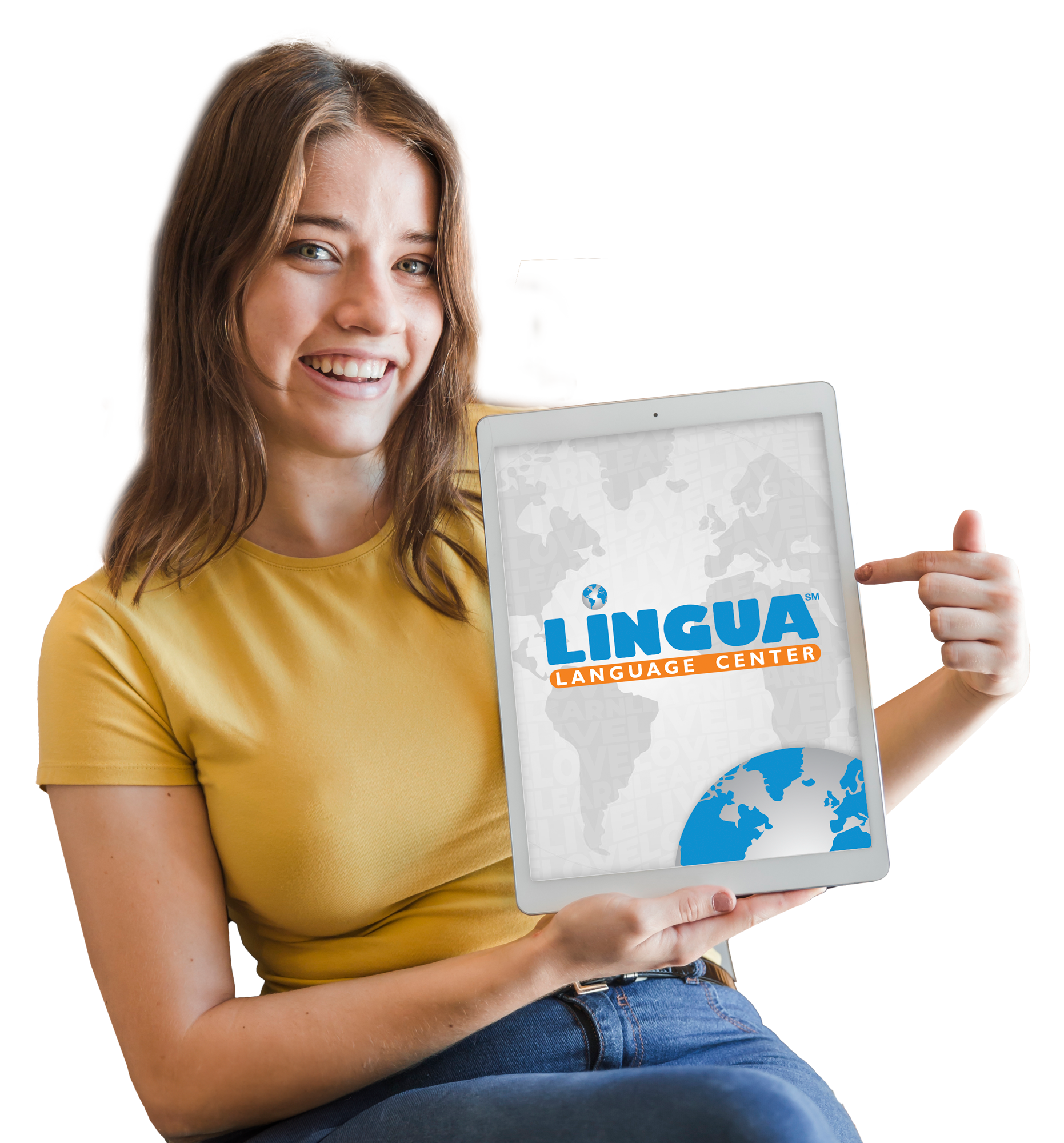 A woman is holding a tablet with the word lingua on it.