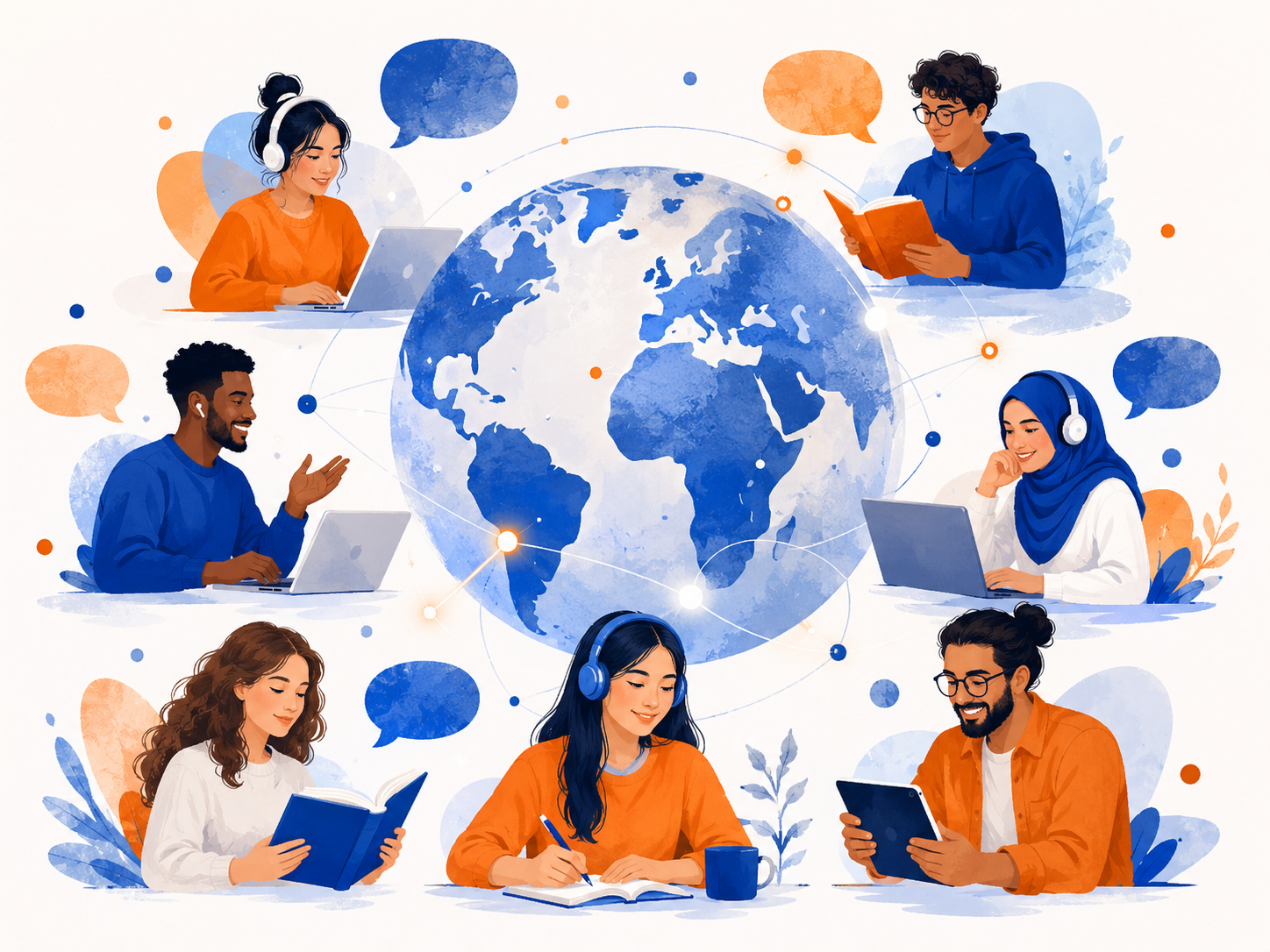 People on laptops in a virtual team meeting around a large blue globe, with chat bubbles and connected screens
