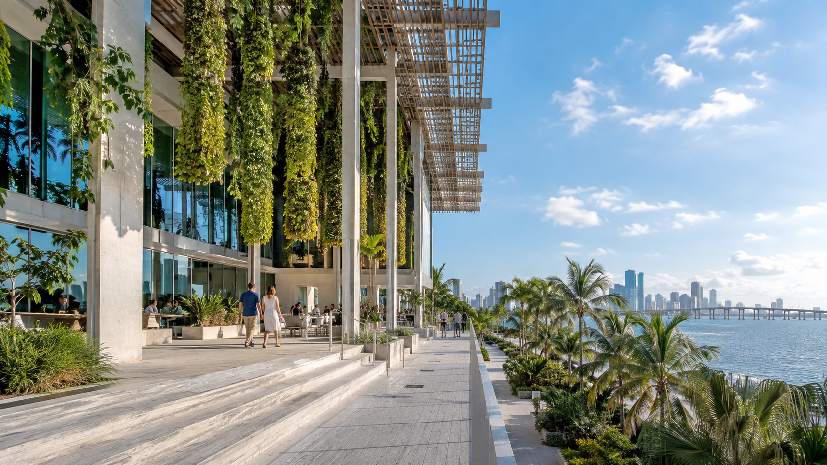 PAMM MIAMI - Modern waterfront promenade beside a glass building, with palm trees and a distant city skyline under a blue sky.