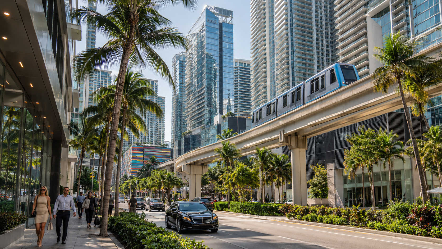 Brickell / Metromover - elevated automated train - Palm-lined city street with a monorail, pedestrians, cars, and tall glass skyscrapers in bright daylight