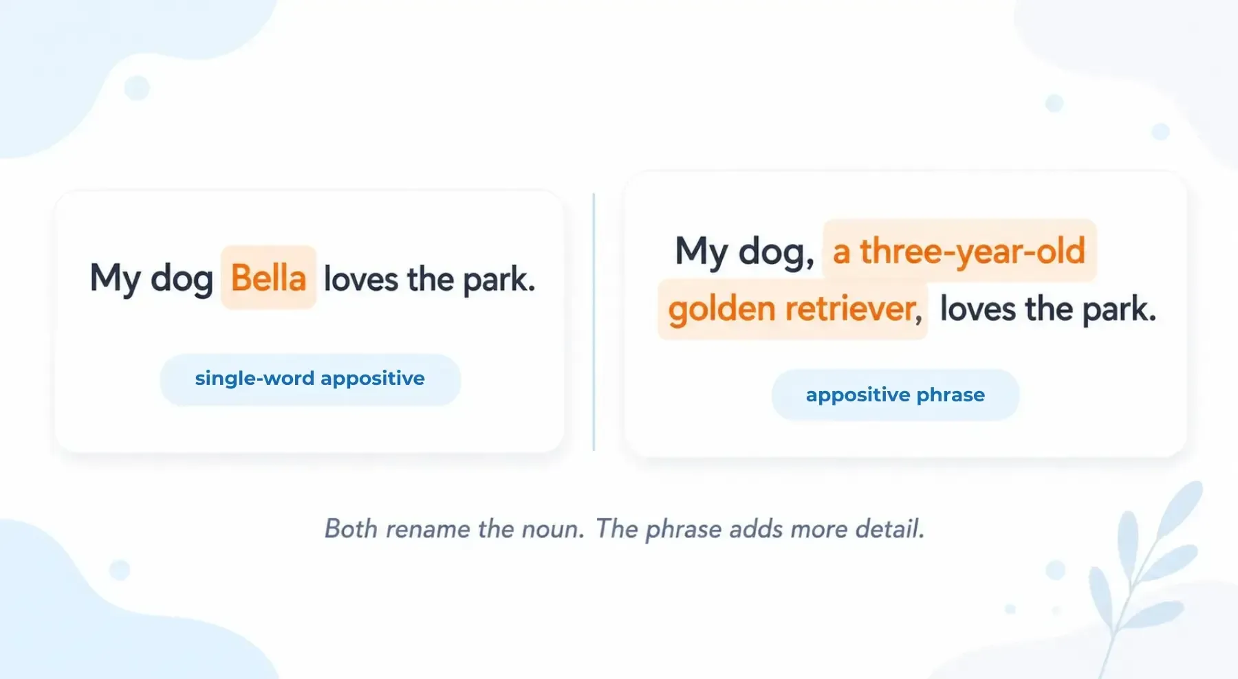 Side-by-side text examples showing concise vs overly detailed writing about a dog in a park.