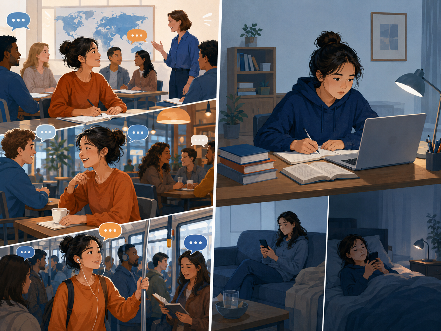 Collage of people studying, talking, and working on laptops in a cozy room and a dim bedroom.
