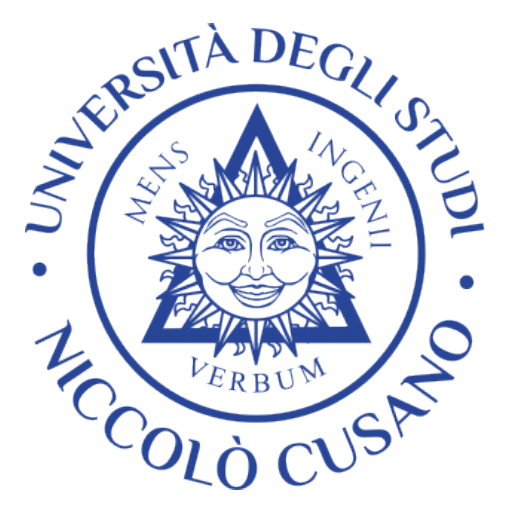 University of Niccolò Cusano blue circular seal with sun-faced emblem and Latin text