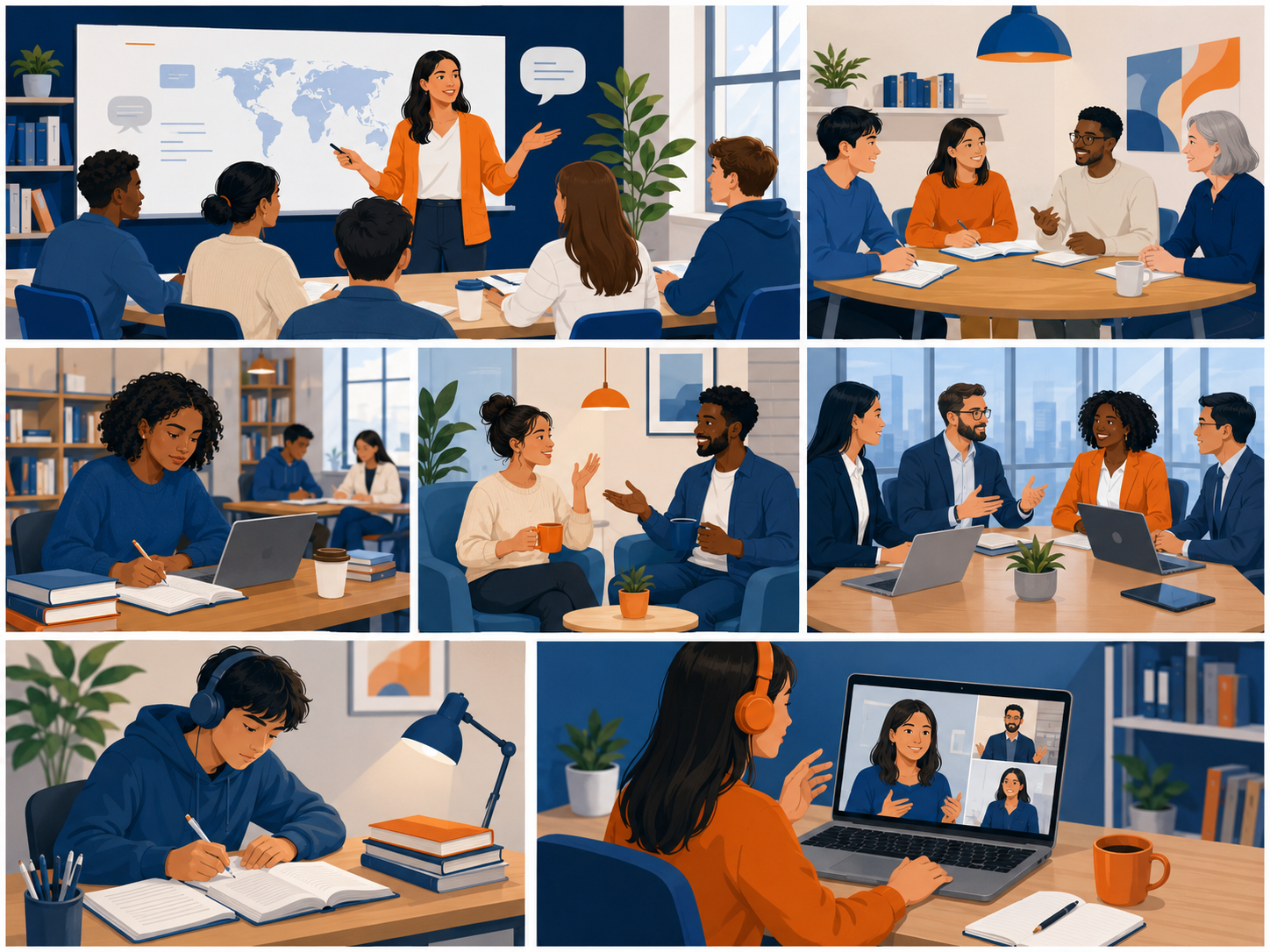 Collage of people in a team meeting, working at desks, and video chatting in a modern office.