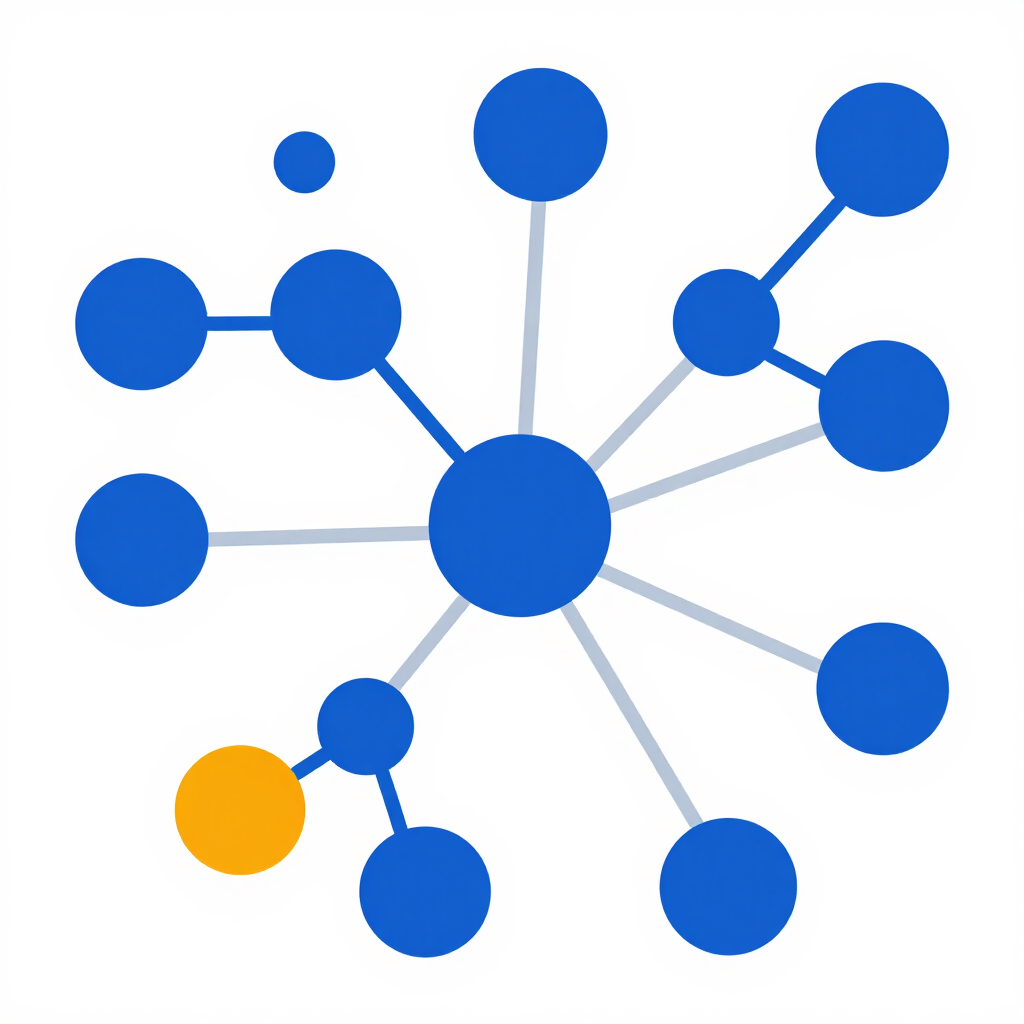 Blue network diagram with connected circles, including one orange node.