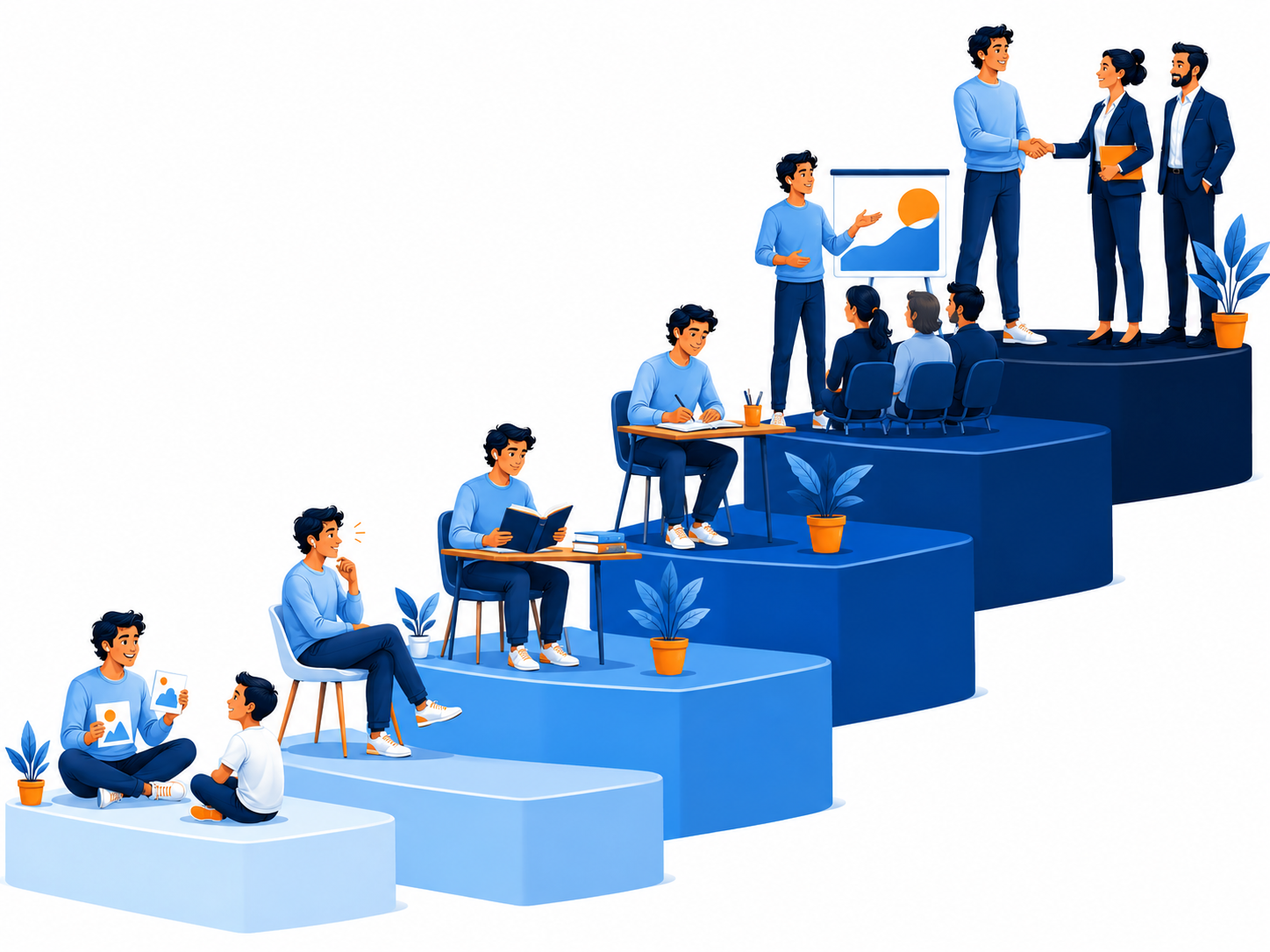 People ascending blue steps in a business teamwork illustration, with laptops and a presentation chart