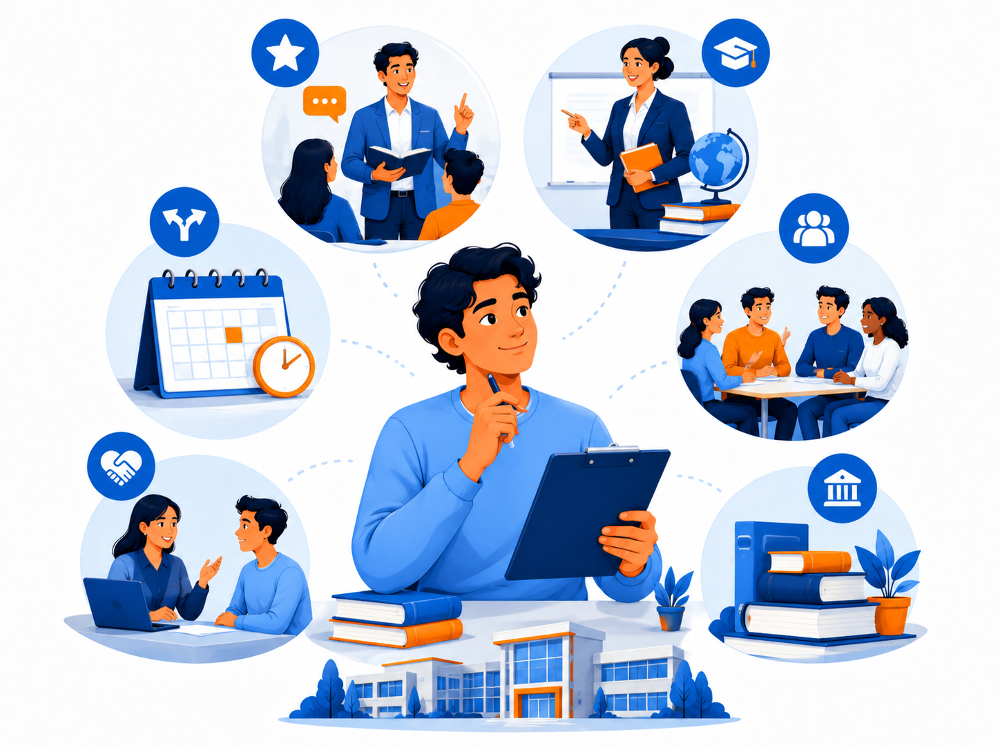 Educational teamwork and learning scenes around a student using a laptop in a bright blue illustration.