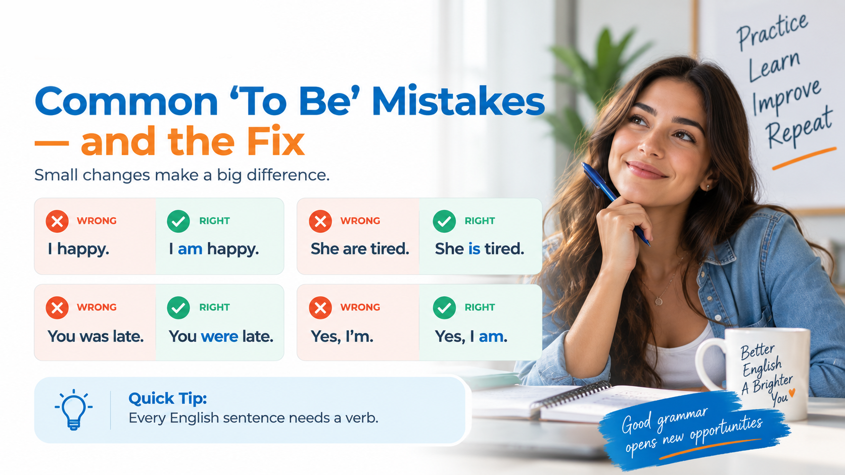 Common “to-be” mistakes and fixes with examples on a study desk; woman smiling beside a laptop.