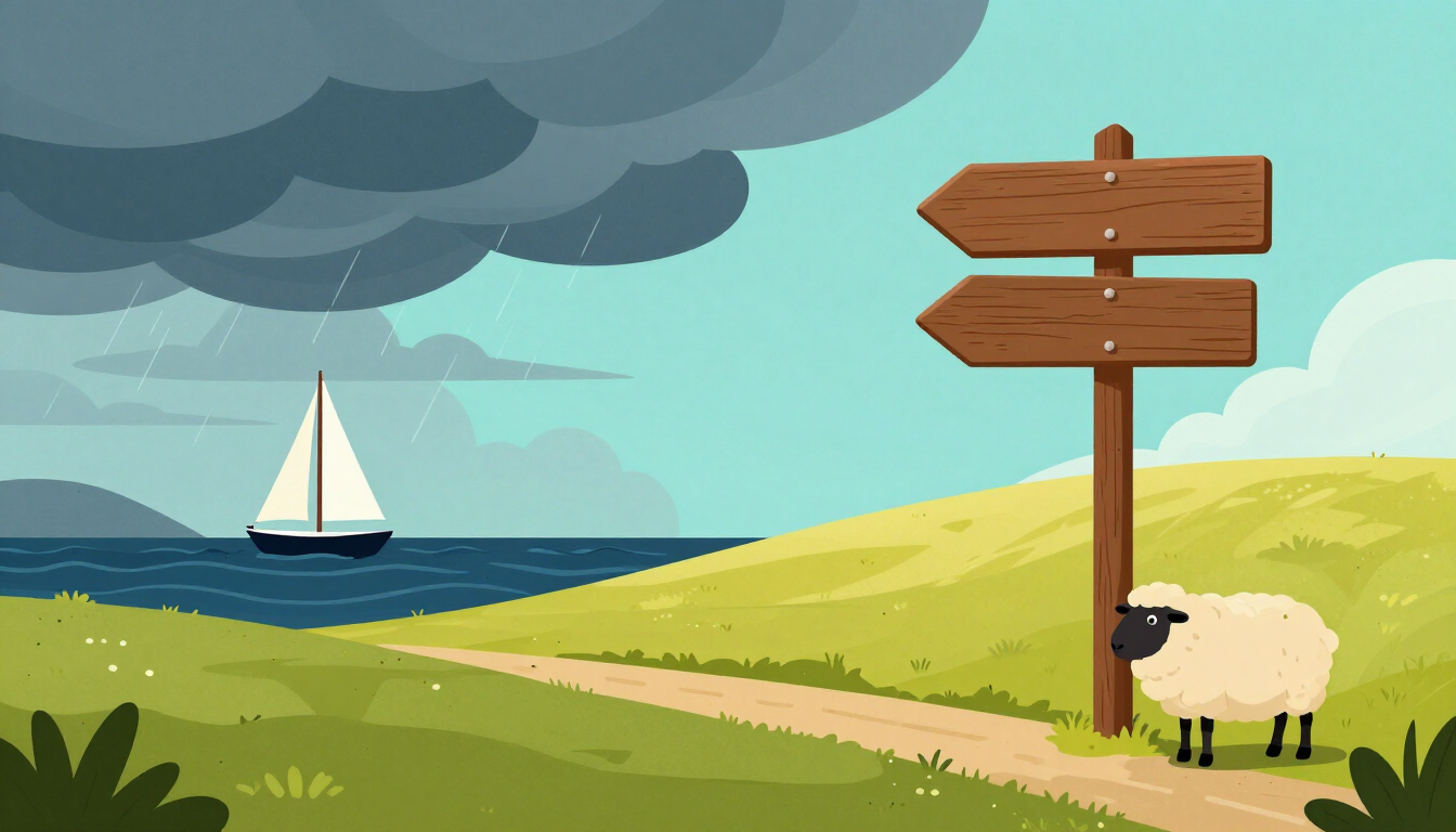 Sheep beside a wooden sign on a coastal path, with a sailboat on the sea and cloudy sky behind.
