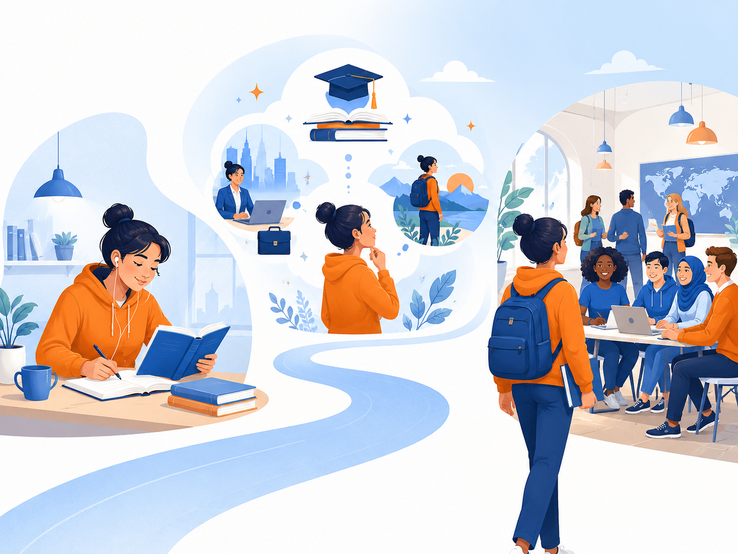 Students studying and collaborating in a bright, illustrated education scene with books, laptops, and classroom tables