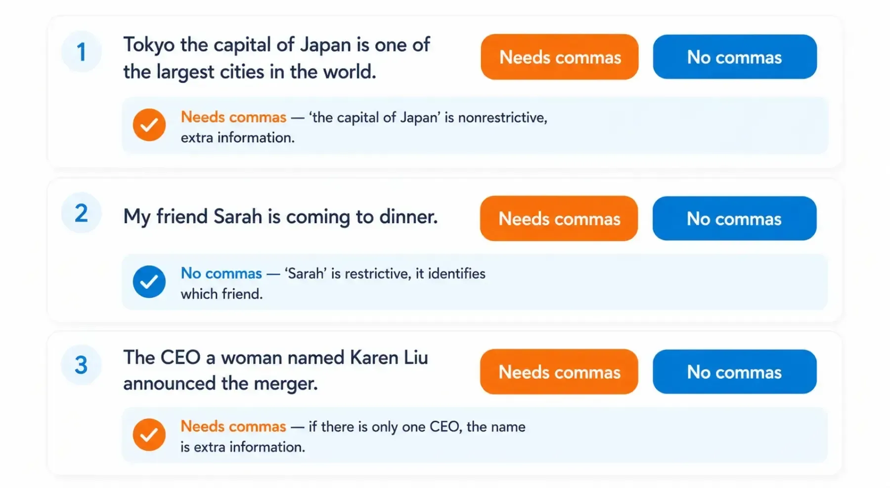 Quiz screen with three statements and orange/blue True/False buttons, one answer highlighted in green.