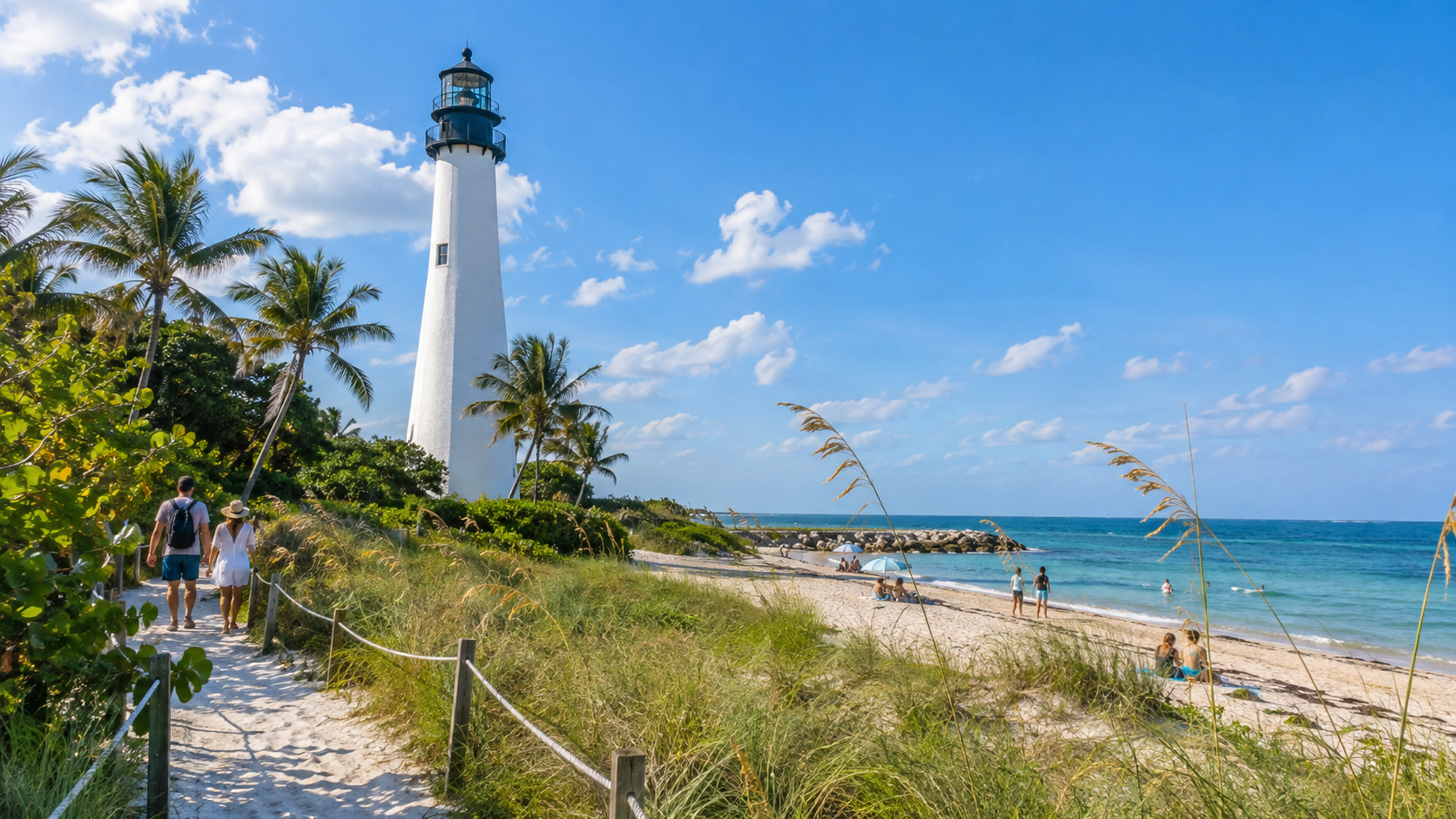 Cape Florida Lighthouse - White lighthouse by a tropical beach with blue sea, palm trees, and a walking path under a bright sky