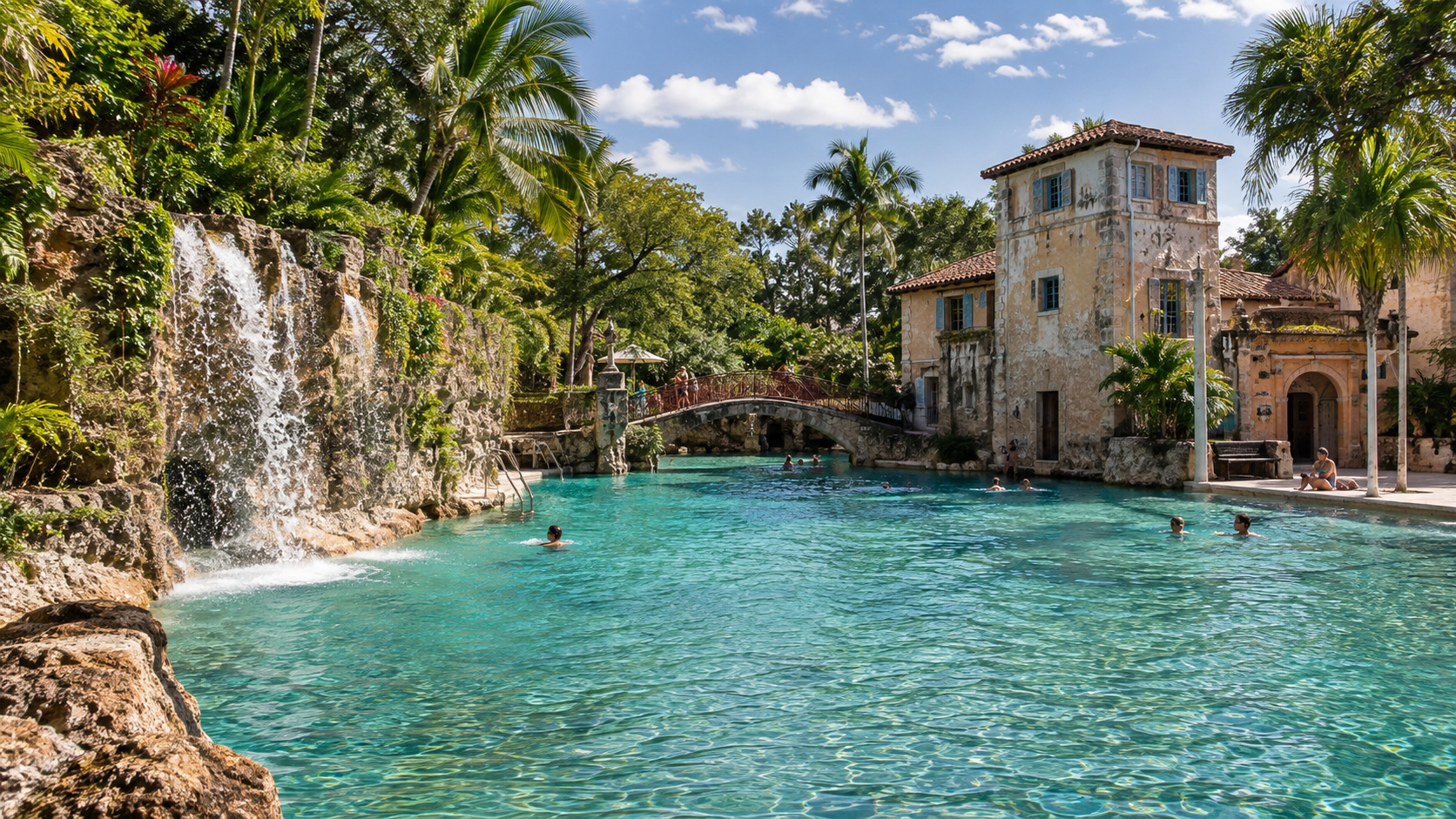 Venetian Pool - Turquoise cenote lagoon with swimmers, rocky cliffs, palm trees, and a stone building under a sunny sky