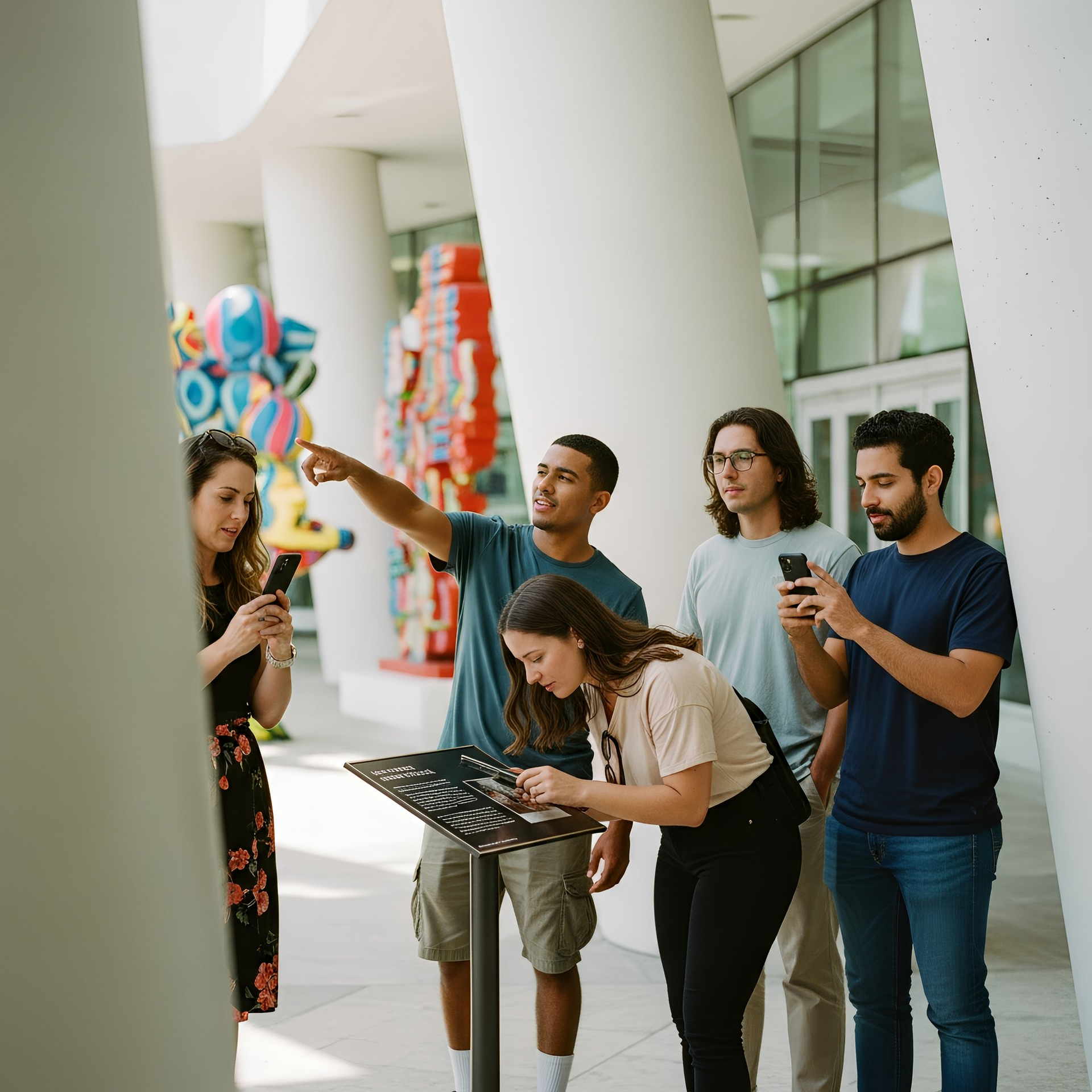 Five people chatting and looking at a phone in a bright modern lobby with balloons and white columns