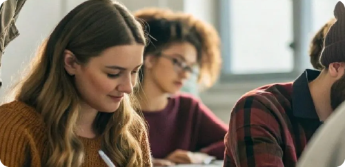 Students seated in a classroom, one woman in focus writing while others work in the background