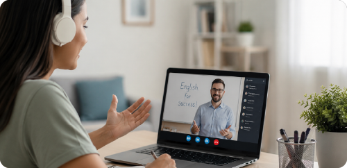 Woman in headphones on a video call with a presenter on a laptop in a bright room