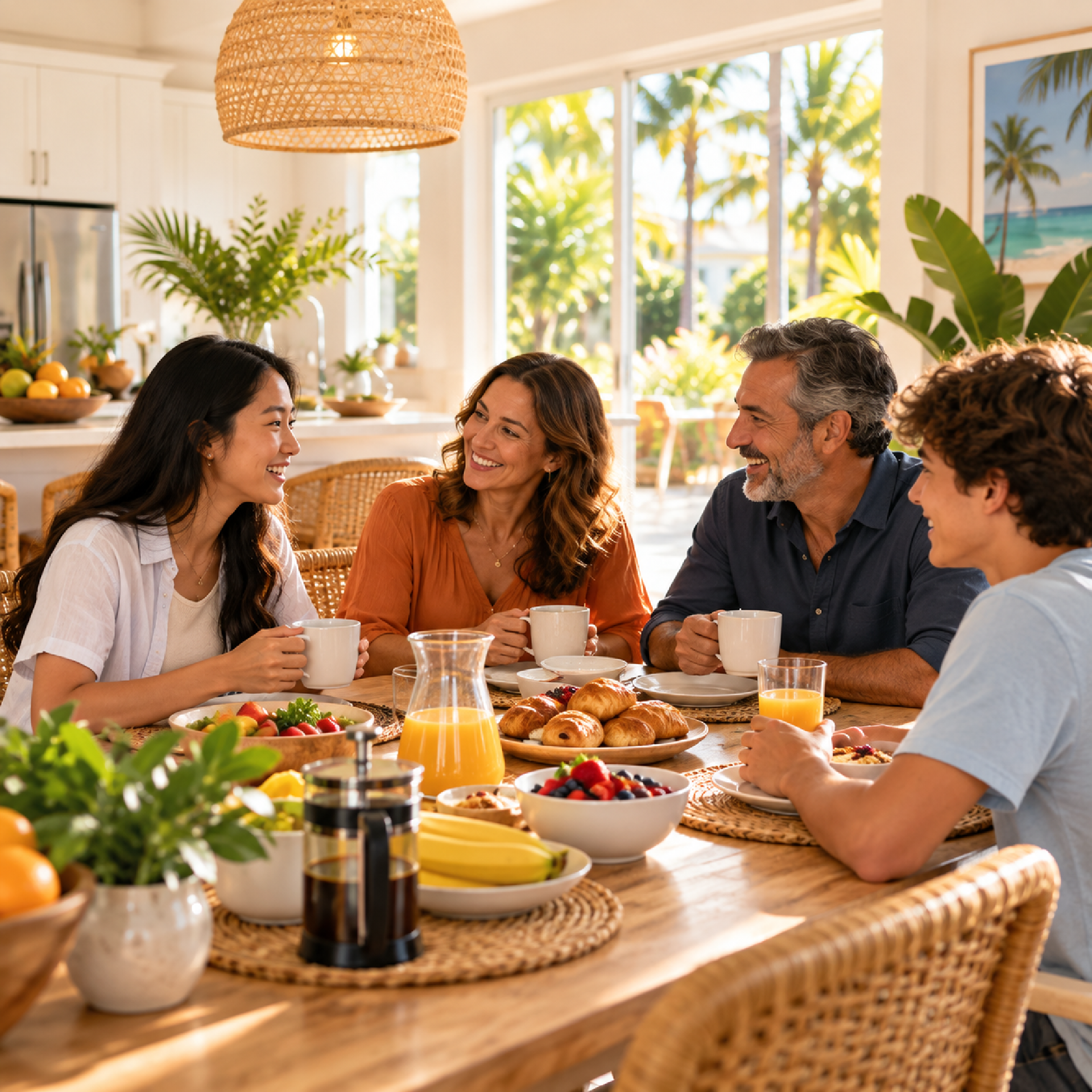 Friends chatting around a sunlit dining table with tropical views and breakfast dishes