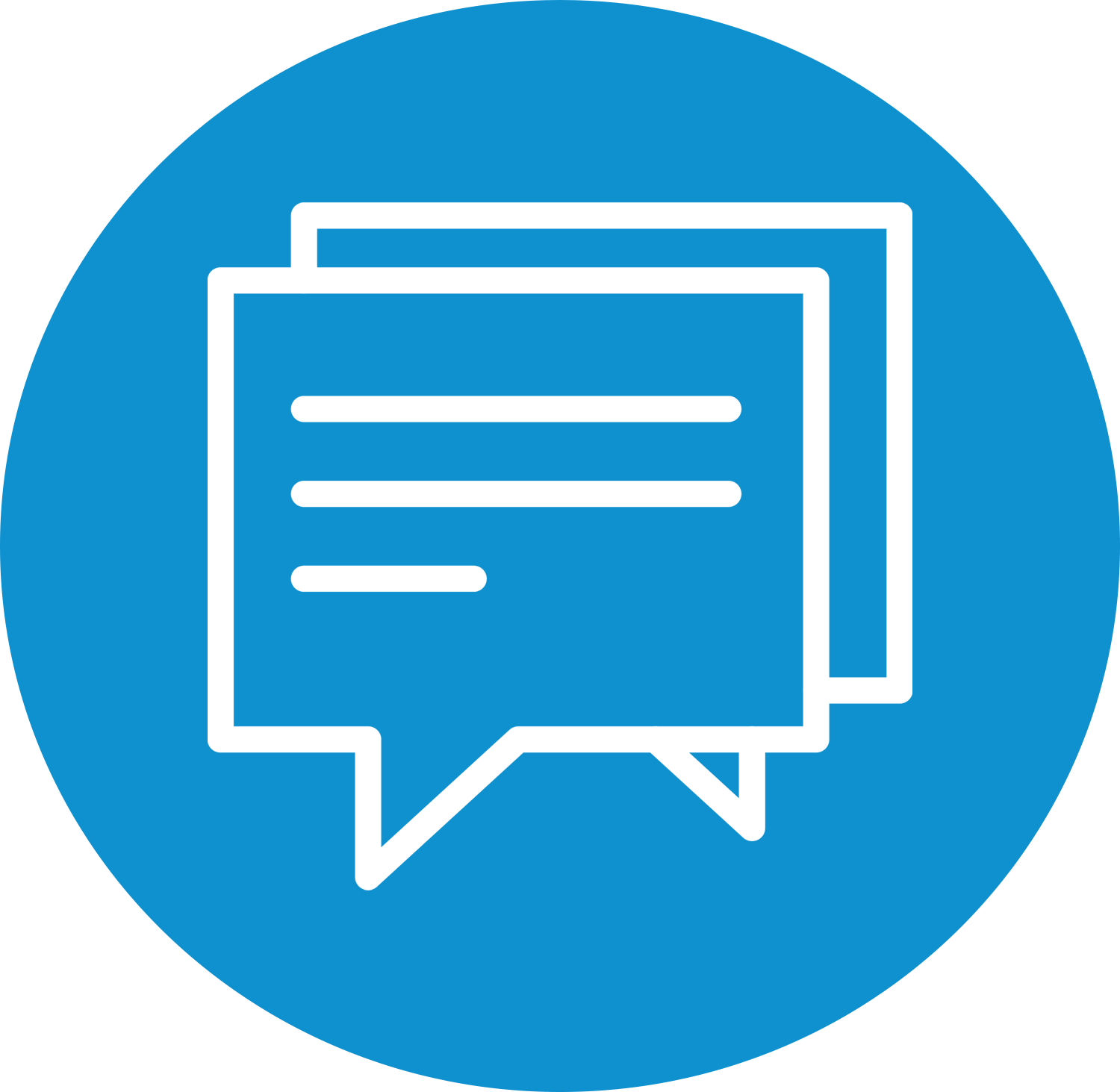 White chat bubbles on a blue circle icon