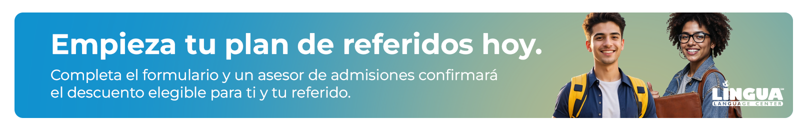 Banner azul que promociona un plan de referidos, con dos personas sonrientes y el logo de Lingoda.