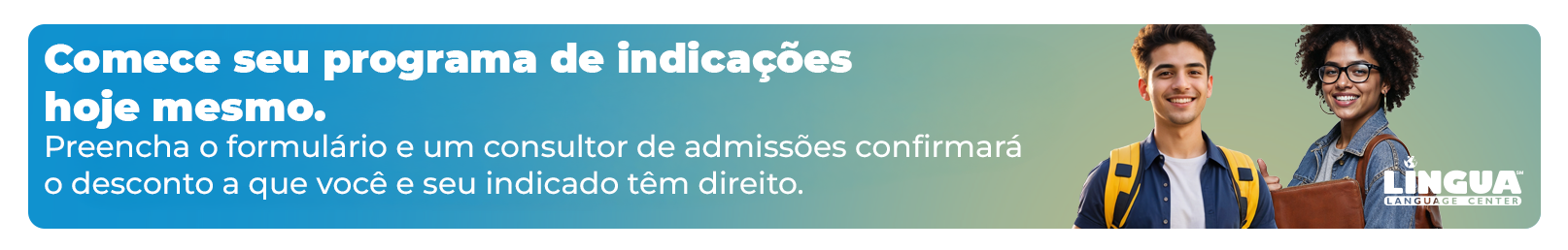 Banner azul de curso de espanhol com dois estudantes sorrindo e texto promocional em destaque.