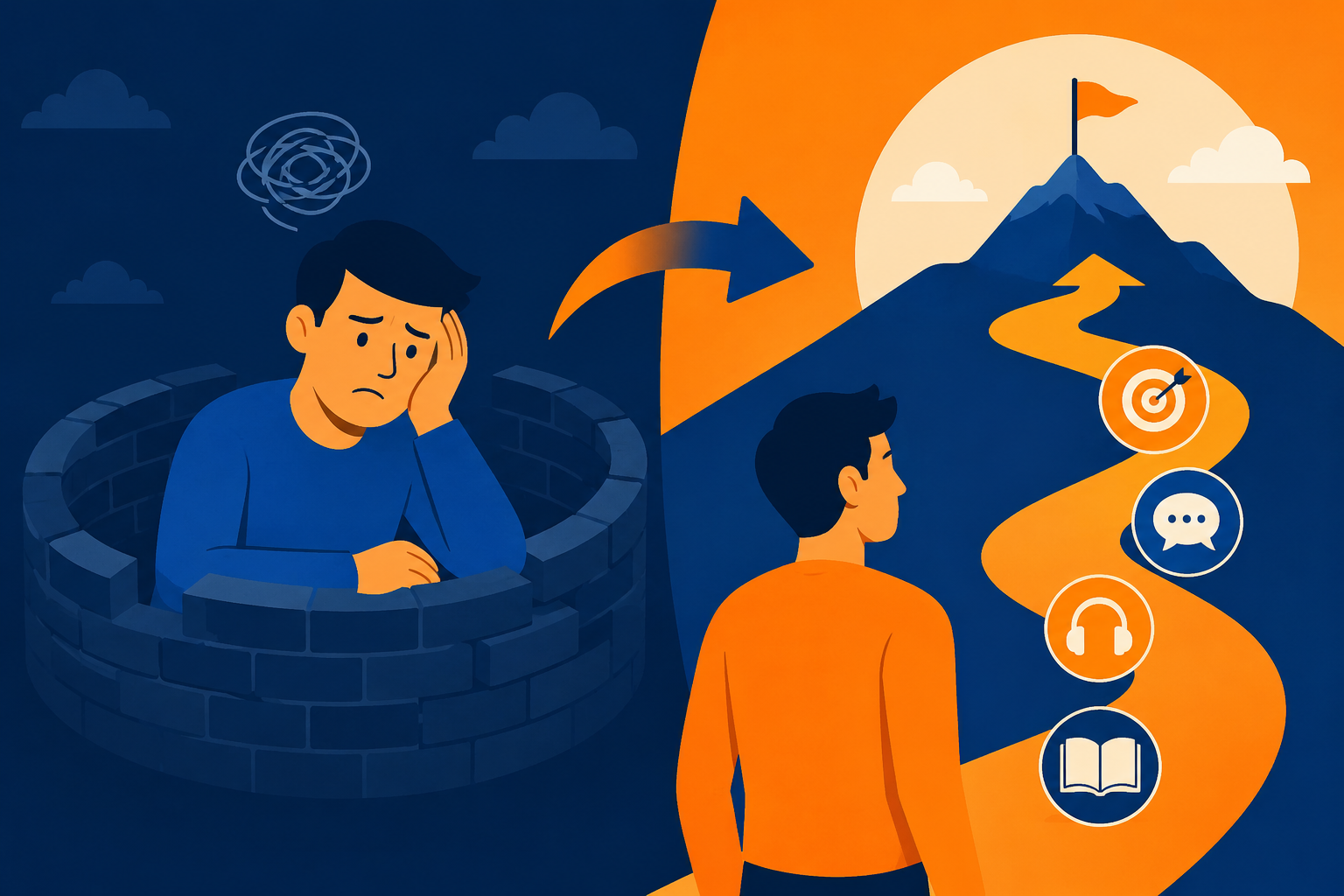 Illustration of a person in a blue maze facing a path toward a flag, with icons for goals and support.