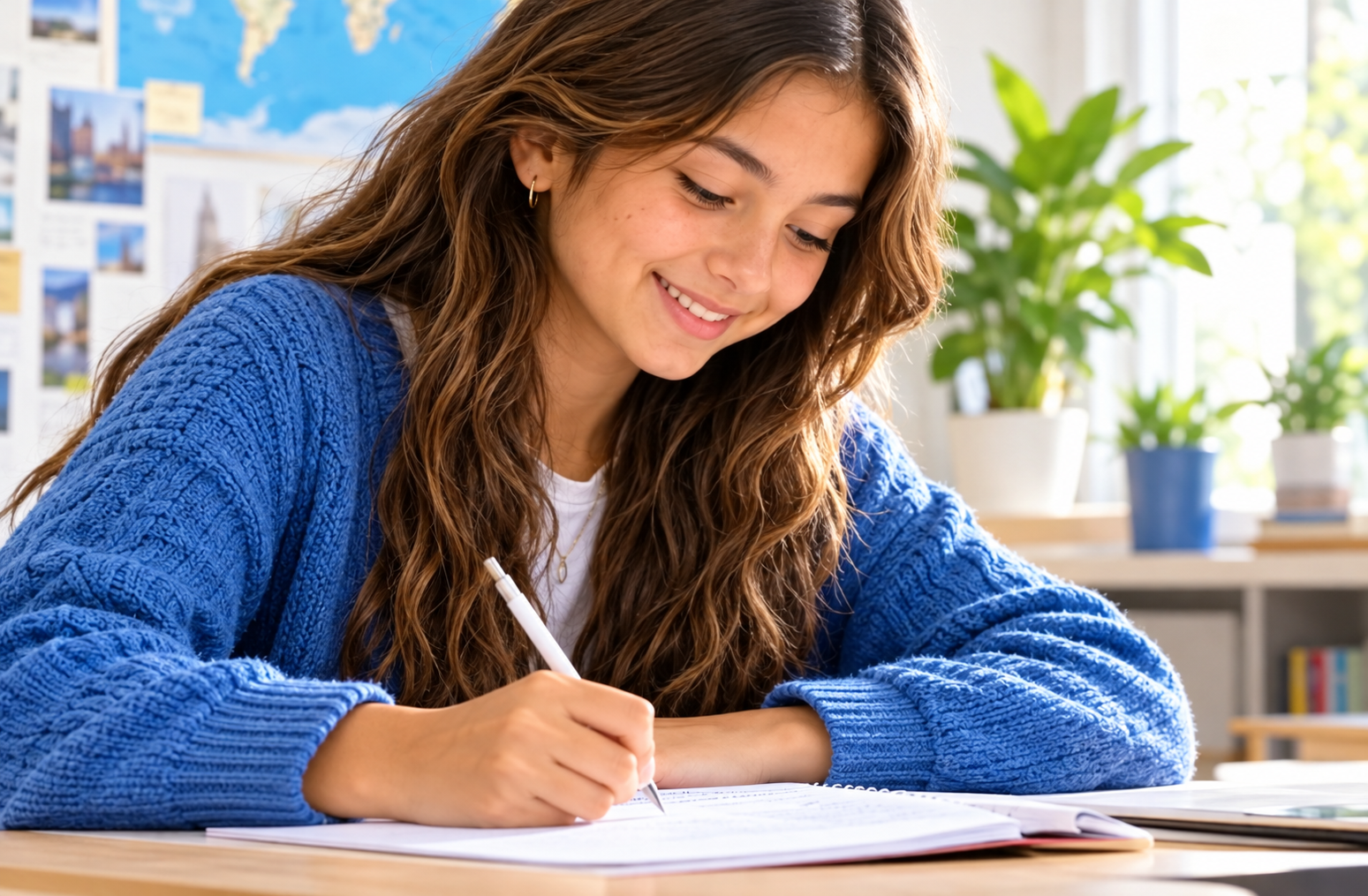 Student writing in a notebook at a desk, smiling in a sunlit classroom.