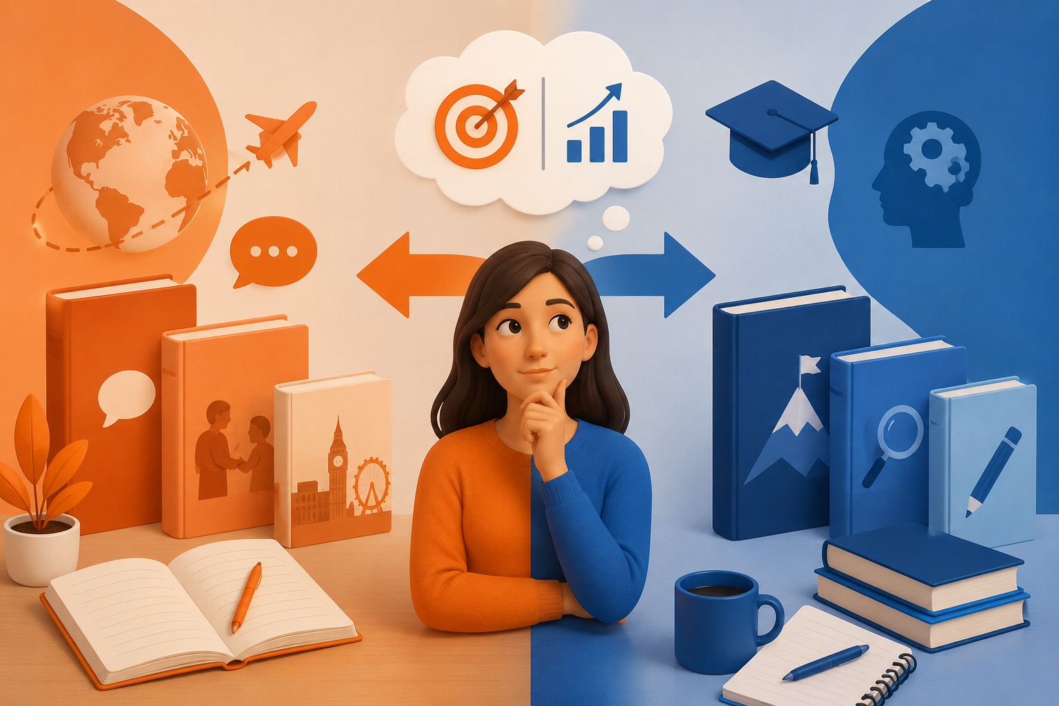 Student thinking at desk, surrounded by orange and blue education icons, books, and charts.