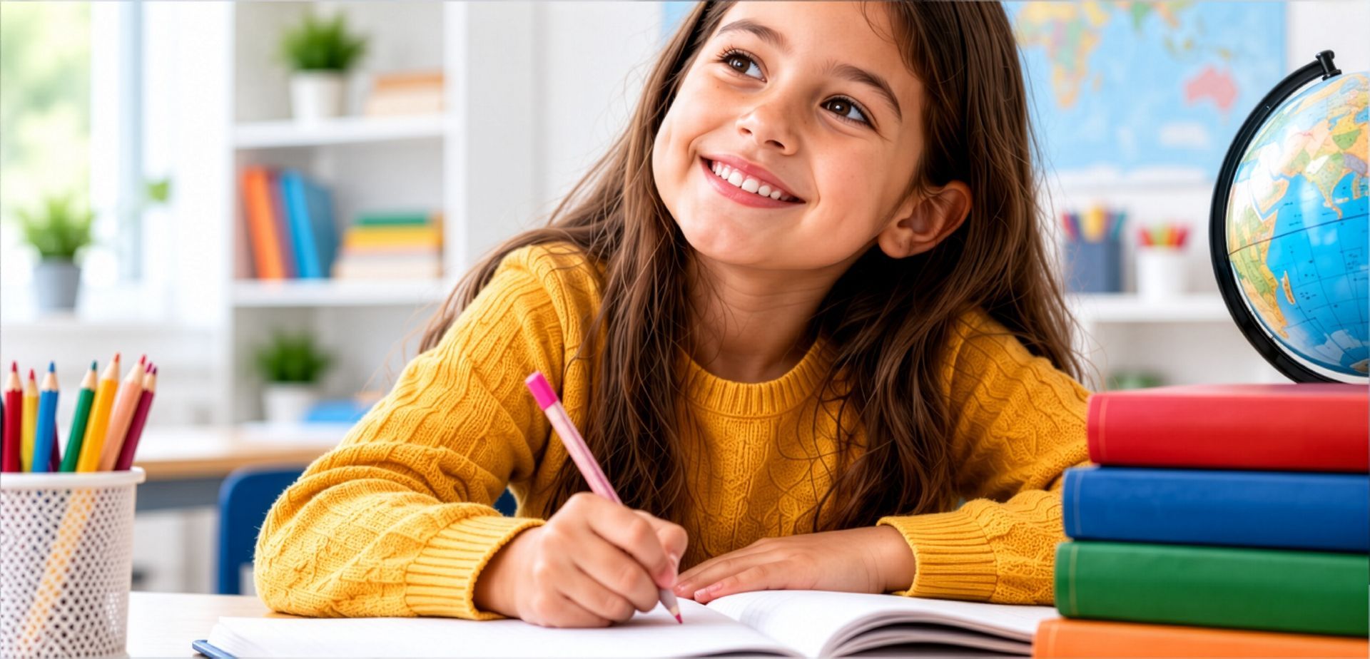Student writing at a desk in a bright classroom, with books and a globe nearby.