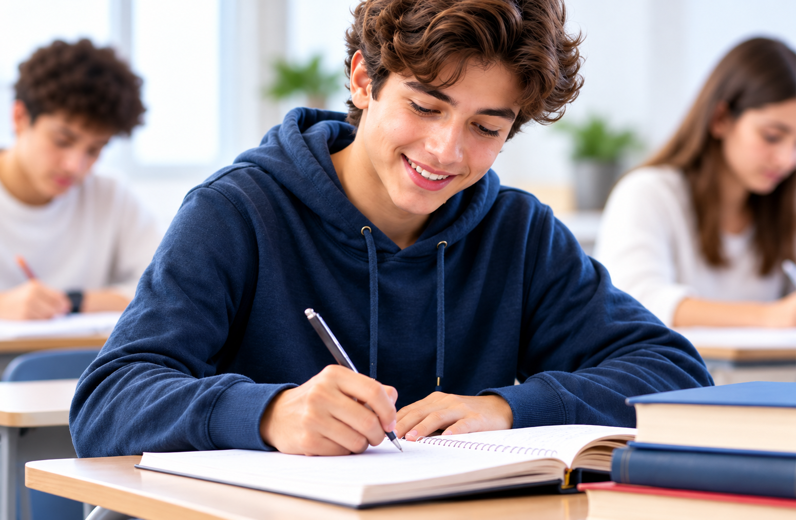 Student writing in a classroom with books stacked on the desk