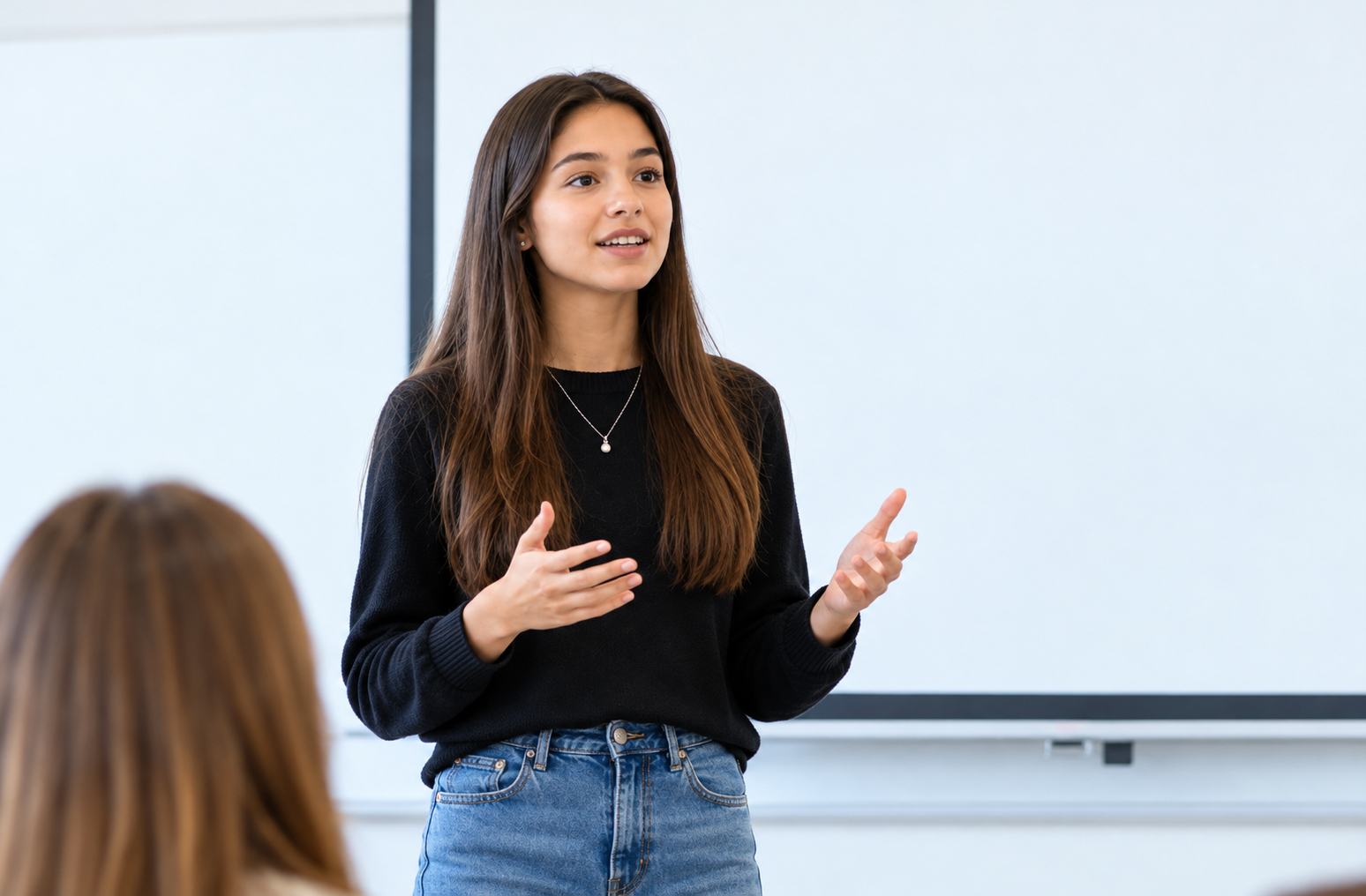 Woman speaking in front of a whiteboard, gesturing during a presentation in a classroom