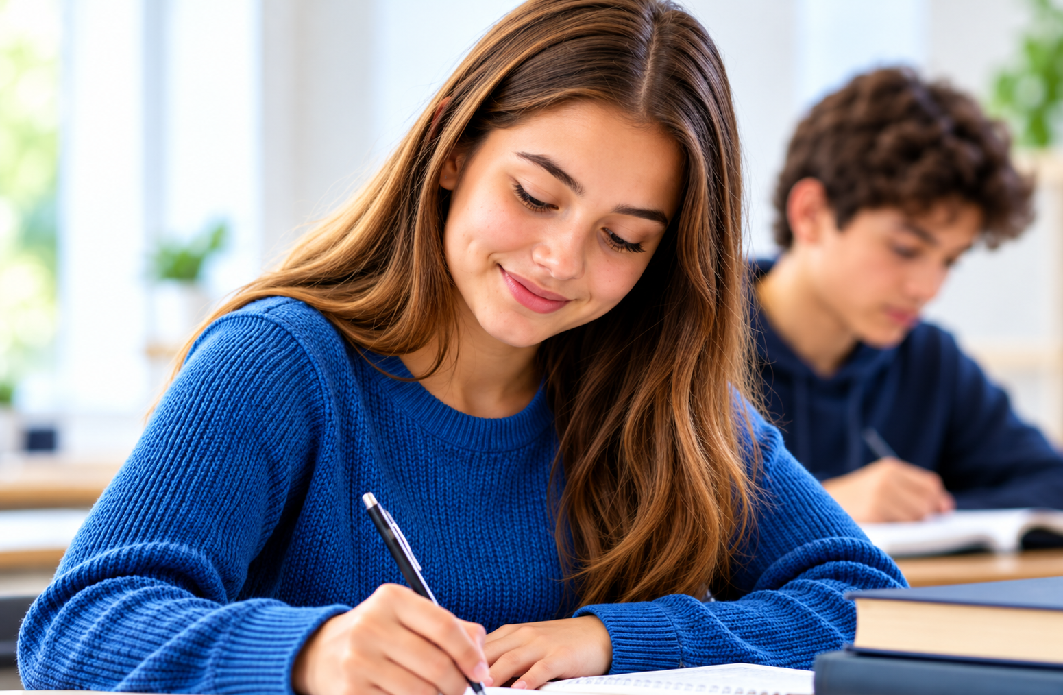 Student writing in a classroom while another works in the background