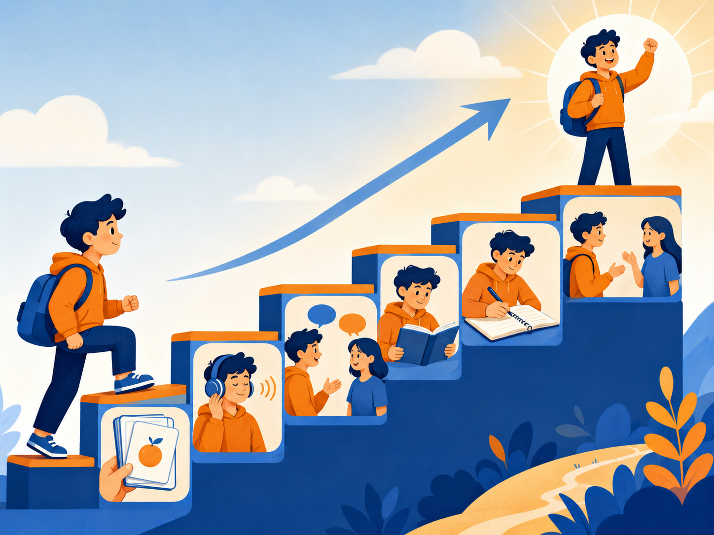Person climbs steps marked by growing profile icons toward an upward arrow on a blue background