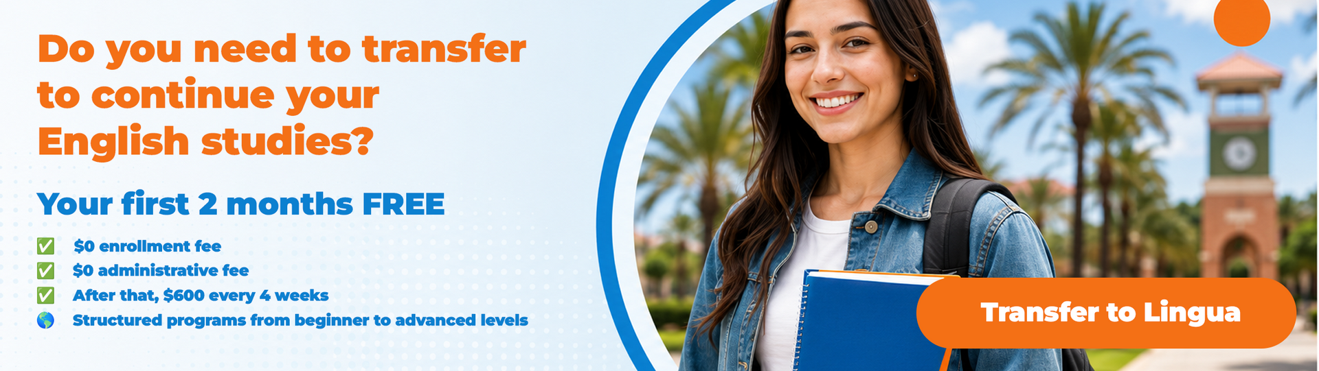 Promotional banner with smiling woman, blue text, and orange “Transfer to Lingua” button for English studies