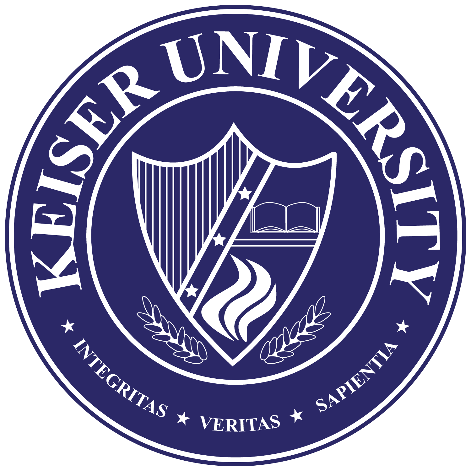 Keiser University circular navy-and-white logo with shield, book, torch, and motto text