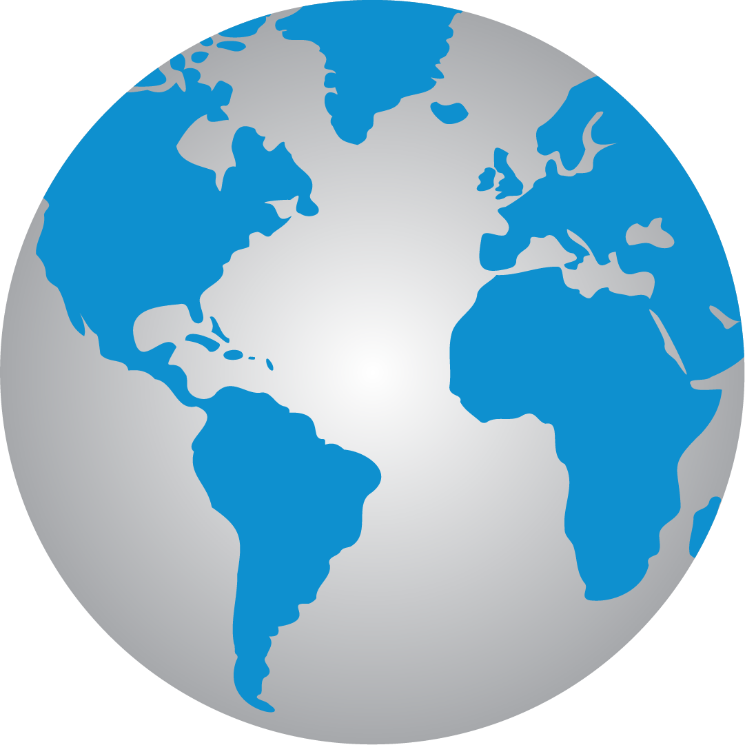 Ícone de globo terrestre azul e cinza mostrando as Américas, a Europa e a África.