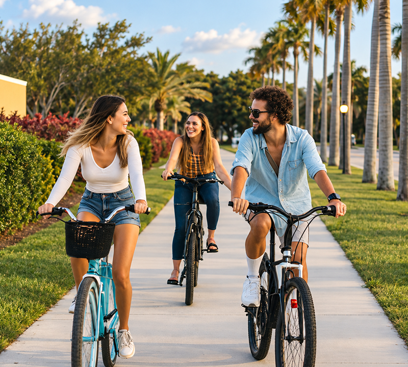 Three people ride bicycles on a sunny palm-lined path by the water.