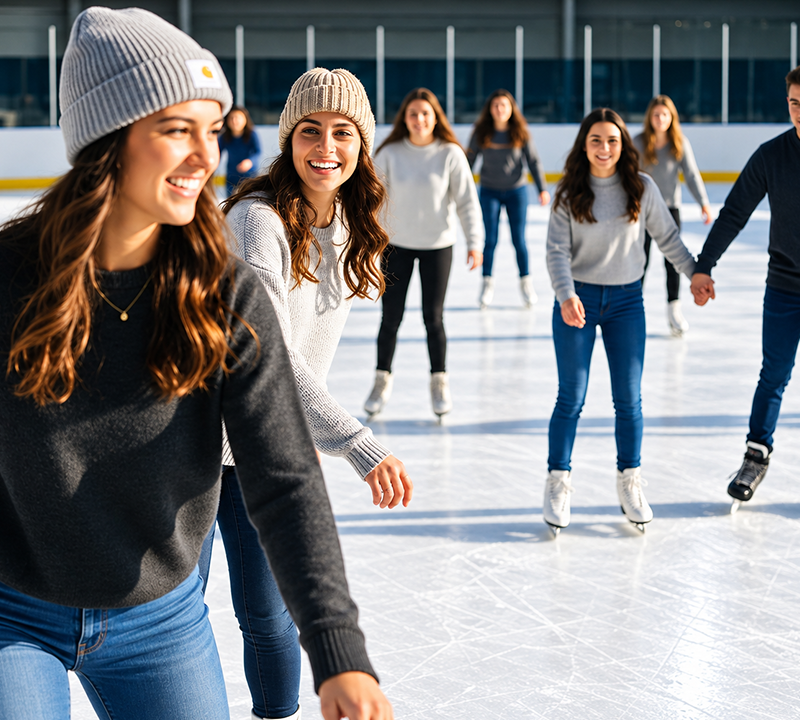 People ice skating outdoors, smiling on a bright winter rink