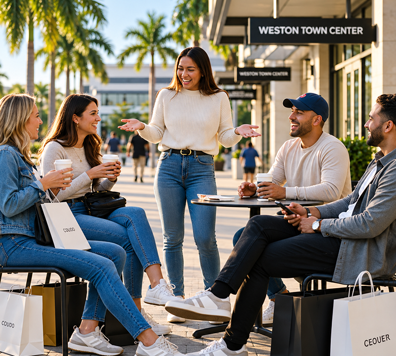 Friends chatting outside Weston Town Center under palm trees, with one woman holding a coffee cup.