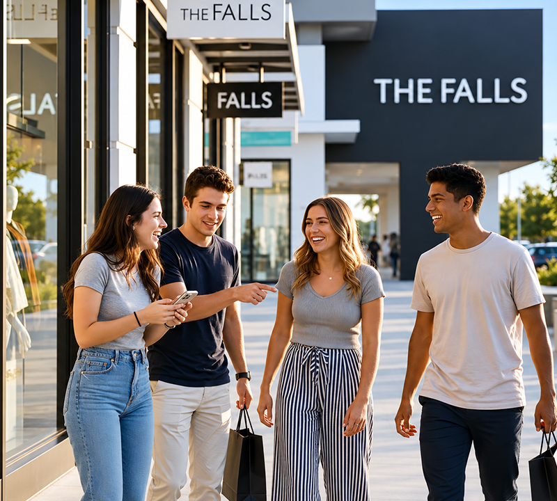 Four friends walking and chatting past THE FALLS shopping center signs in a sunny outdoor mall.