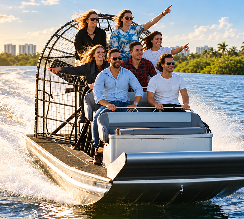 Five people ride an airboat on a sunny river, with one person steering and others pointing ahead.