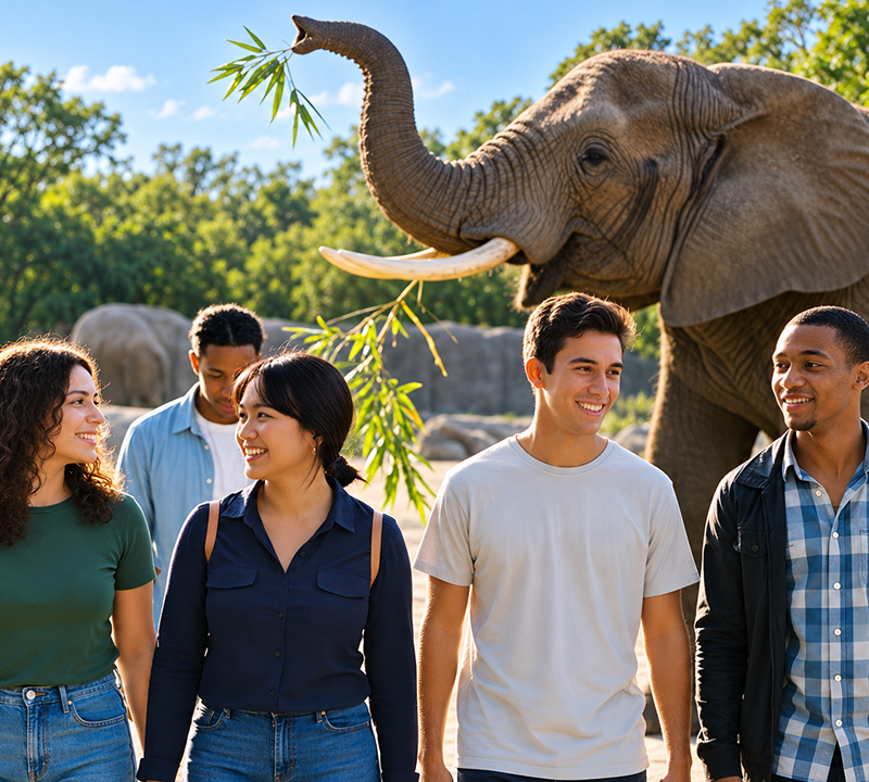 People walking beside an elephant reaching for leaves at a sunny zoo-like setting