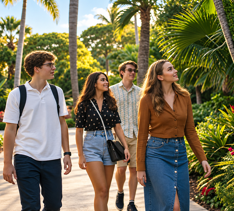 Four friends walking together on a sunny garden path with palm trees