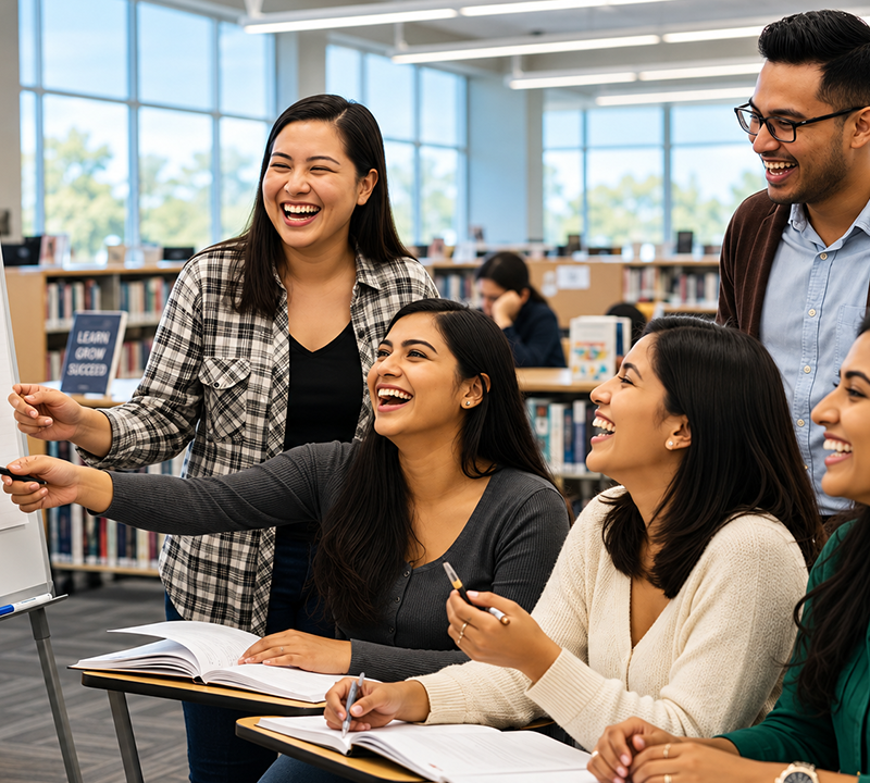 Students smiling and collaborating around a laptop in a bright library classroom