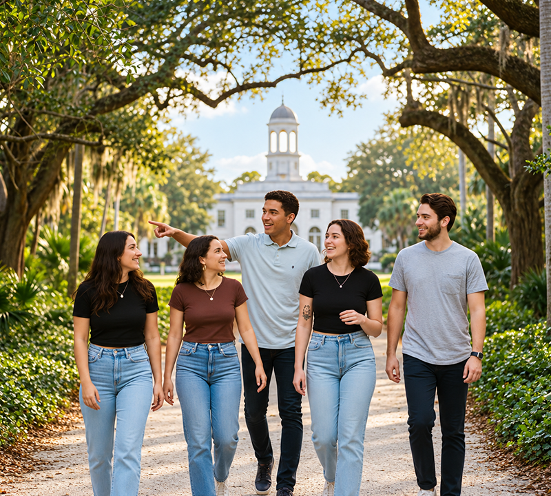 Four students smiling beside a large rocket outside a modern building