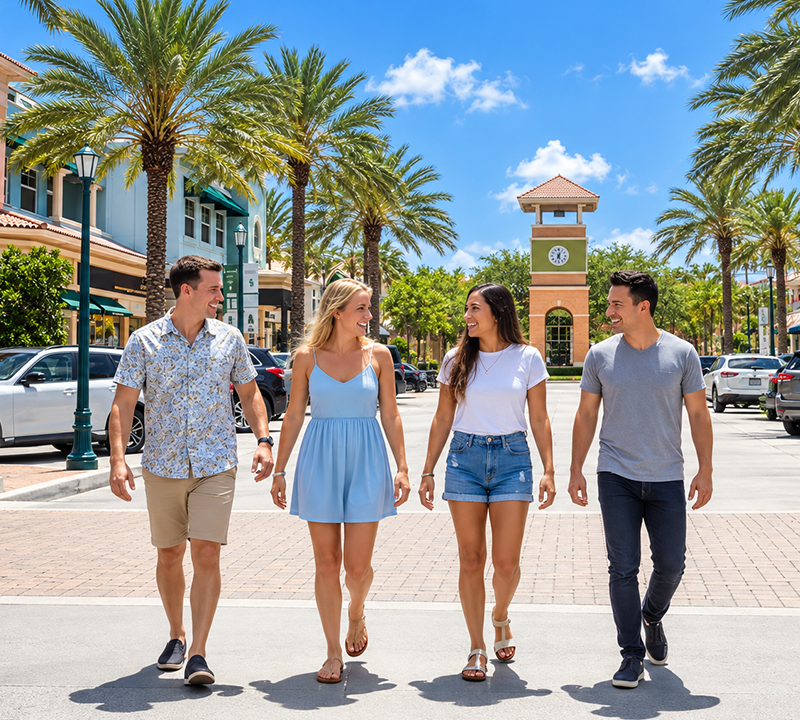 Four friends walking in a sunny palm-lined plaza near a clock tower