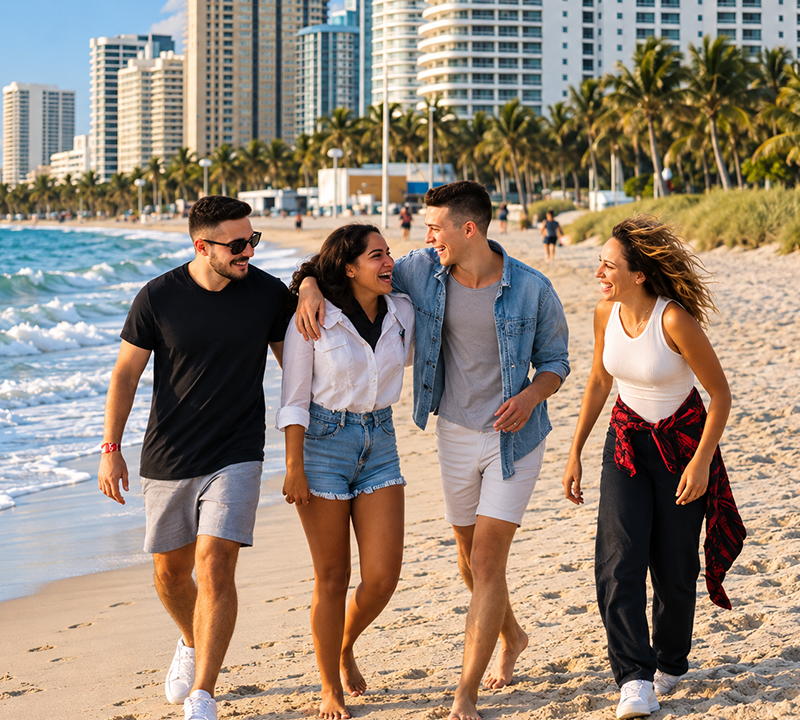 Four friends walking along a sunny beach beside high-rise buildings and palm trees, smiling and chatting