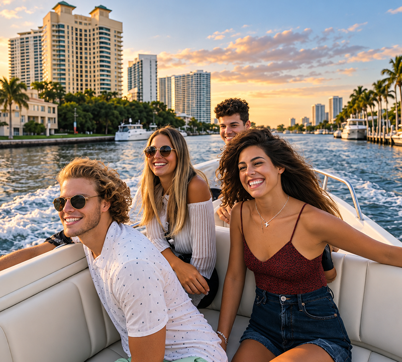 Four friends smiling on a boat at sunset in a city waterway with high-rise buildings and palm trees.