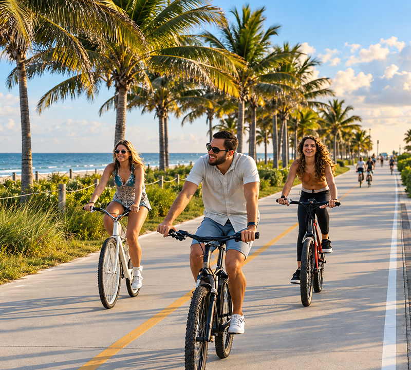 People cycling on a palm-lined seaside path at sunset